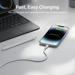 Outlet Braided USB-A Cable with Lightning Connector, 3.3ft/1m, White Charging Cables