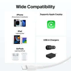 Outlet Braided USB-A Cable with Lightning Connector, 3.3ft/1m, White Charging Cables
