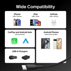 New Braided USB-A to USB-C Cable 15W, 3.3ft/1m, Black Charging Cables|Usb-C Cables