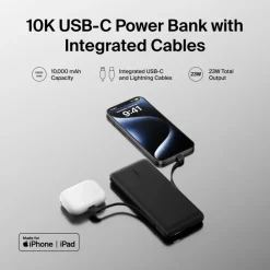 New 10K USB-C Power Bank with Integrated Cables Power Banks|Portable Chargers & Power Banks