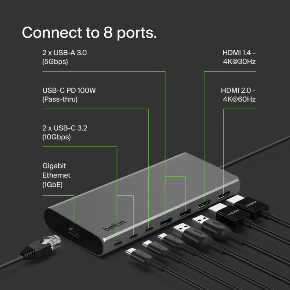 Discount Universal USB-C 8-in-1 Dual Display Core Hub Usb & Usb-C Hubs|Laptop Docking Stations