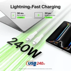 Clearance USB-C to USB-C Braided Cable 240W, 3.3ft/1m, White Charging Cables|Usb-C Cables