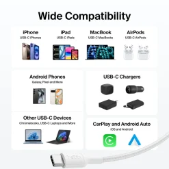 Clearance USB-C to USB-C Braided Cable 240W, 3.3ft/1m, White Charging Cables|Usb-C Cables